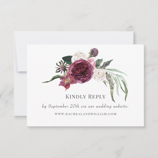 Elegant Burgundy Floral Wedding Website RSVP Card (Front)