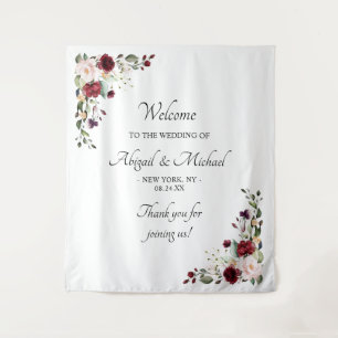 Elegant Burgundy Floral Wedding Welcome Sign Tapestry