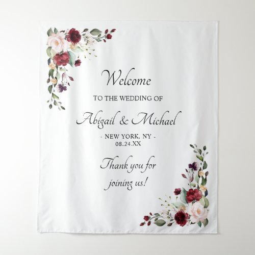 Elegant Burgundy Floral Wedding Welcome Sign Tapestry