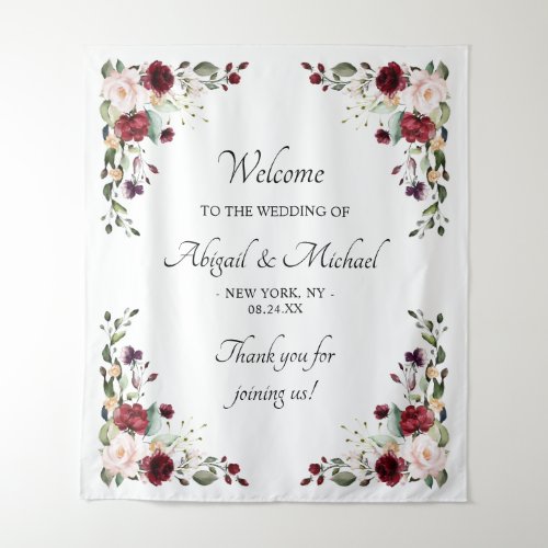 Elegant Burgundy Floral Wedding Welcome Sign Tapestry