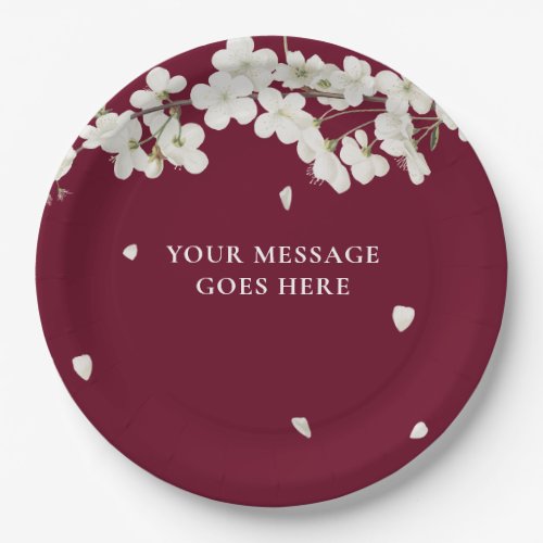 Elegant Burgundy Floral Wedding White Blossom Paper Plates