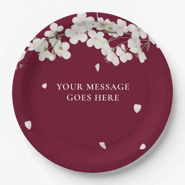 Elegant Burgundy Floral Wedding White Blossom Paper Plates (Front)