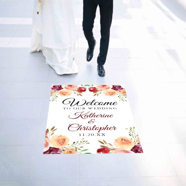 Elegant Burgundy Floral Welcome to our Wedding Floor Decals (Wedding)