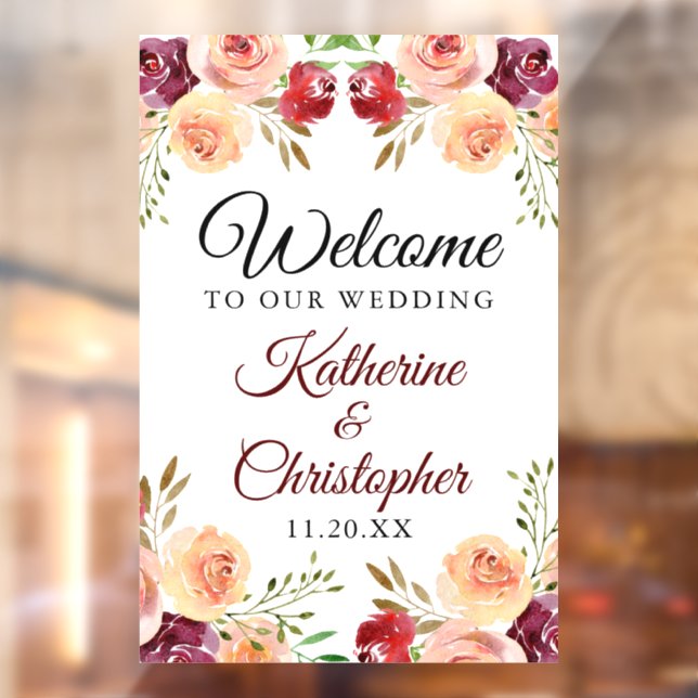 Elegant Burgundy Floral Welcome to our Wedding Window Cling (Sheet 2)