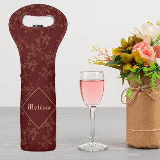 Elegant Burgundy Floral Wine Tote with Custom Name