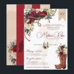 Elegant Burgundy Floral Winter Charro Quinceanera Invitation<br><div class="desc">This red and creamy white rose floral charro invitation is really great for a winter season quinceanera but can be used anytime! Featuring beautiful deep burgundy red, maroon, and cream white roses, and a boho feather floral spray, a black charro sombrero, rope accents and cowgirl boots with a bouquet of...</div>