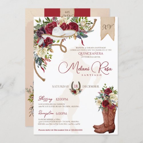 Elegant Burgundy Floral Winter Charro Quinceanera Invitation