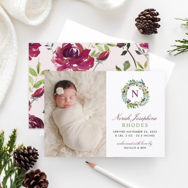 Elegant Burgundy Floral Wreath Baby Photo Birth Announcement (Creator Uploaded)