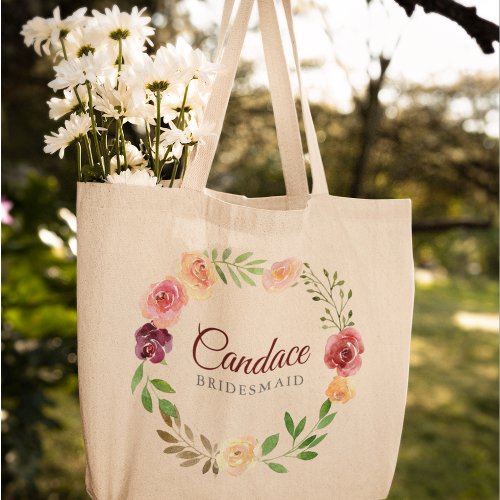 Elegant Burgundy Floral Wreath Bridesmaid Monogram Tote Bag