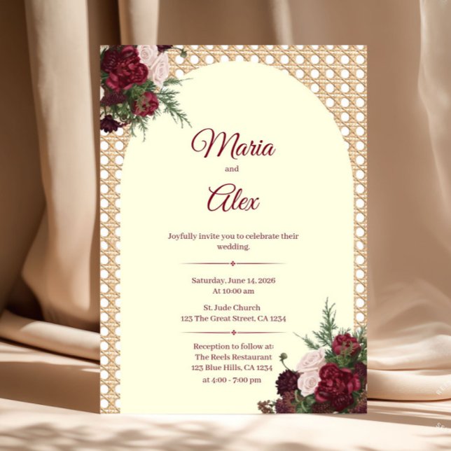 Elegant Burgundy Florals and Rattan Border Wedding Invitation (Burgundy and Ivory Wedding Invitation)