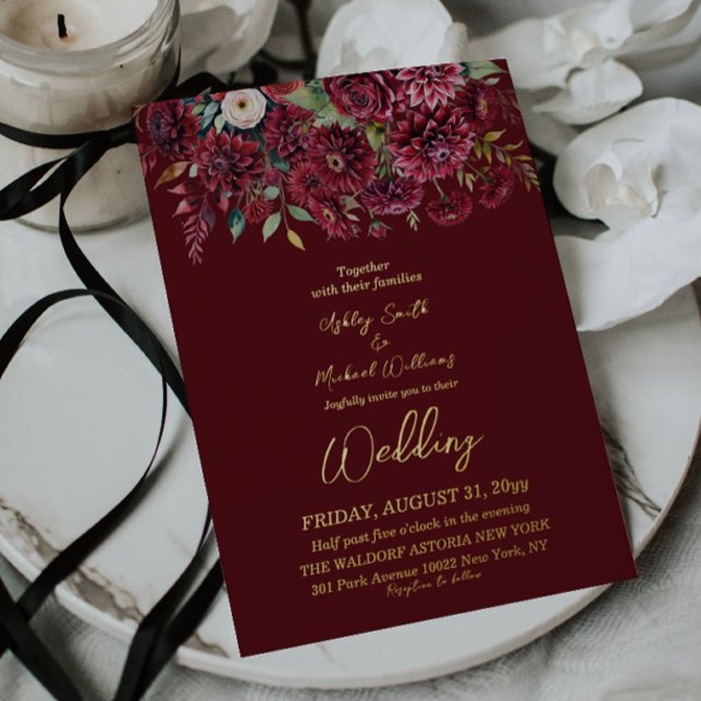 Elegant Burgundy Flower Boho Formal Floral Wedding Foil Invitation (Creator Uploaded)