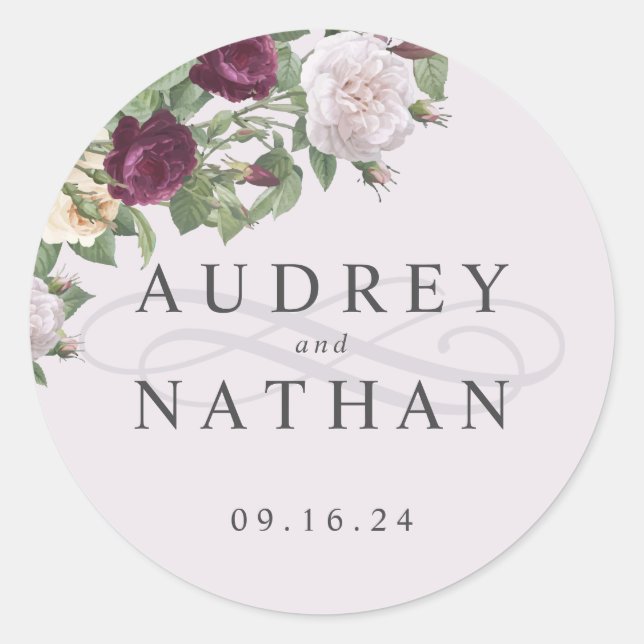 Elegant Burgundy Flower Personalized Wedding Classic Round Sticker (Front)