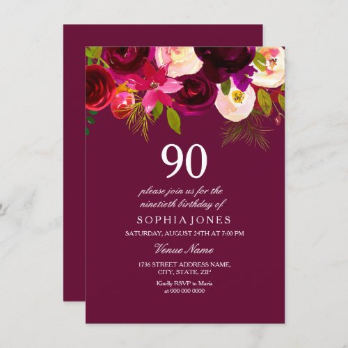 Elegant Burgundy Flowers 90th Birthday Invite