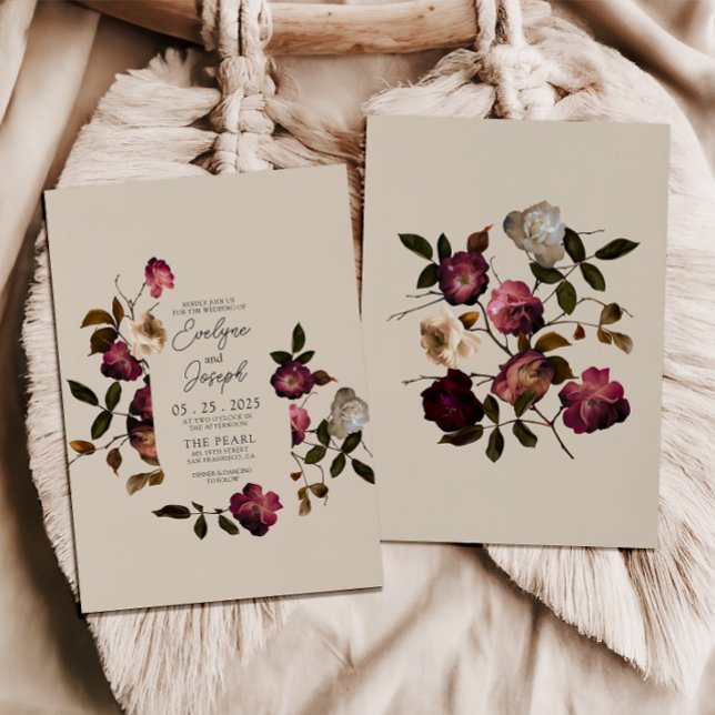 Elegant Burgundy Flowers Boho Chic Modern Wedding Invitation (Creator Uploaded)
