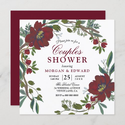 Elegant Burgundy Flowers Couples Shower Invite