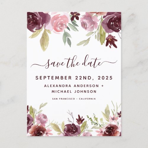 Elegant Burgundy Flowers Floral Save the Date Announcement Postcard