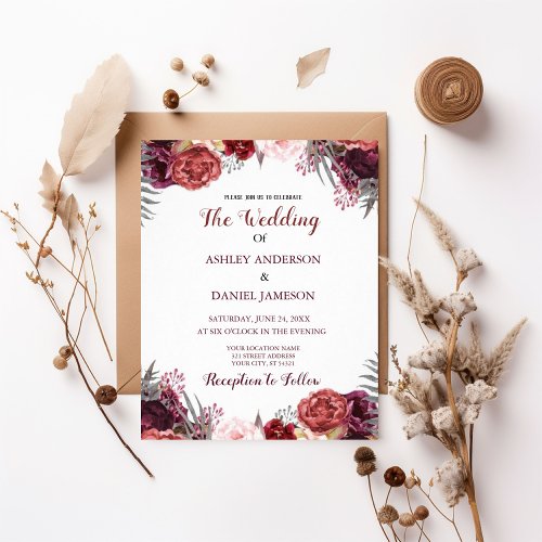 Elegant Burgundy Flowers for a Romantic Wedding Invitation