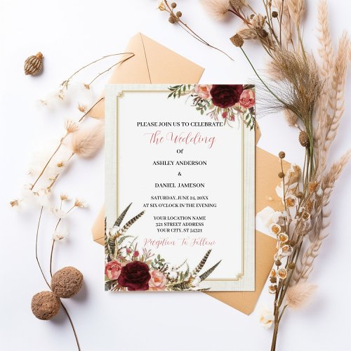 Elegant Burgundy Flowers for a Romantic Wedding  Invitation