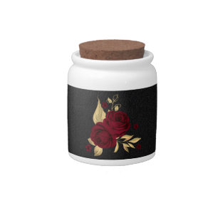 Elegant burgundy flowers gold black candy jar