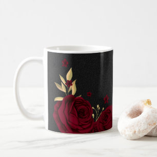 Elegant burgundy flowers gold black coffee mug