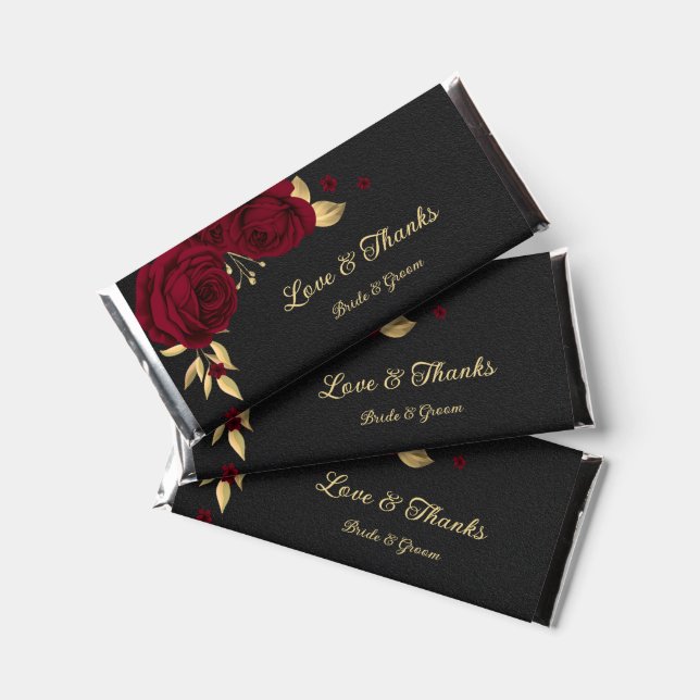 Elegant burgundy flowers gold black hershey bar favors (Front)