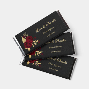 Elegant burgundy flowers gold black hershey bar favors