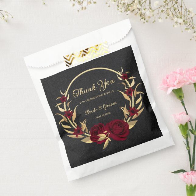 Elegant burgundy flowers gold black wedding  favor bag (Sealed)