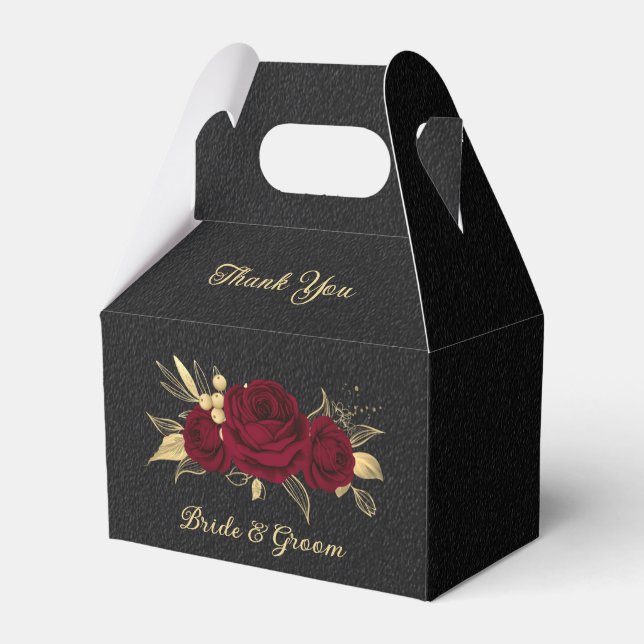 Elegant burgundy flowers gold black wedding favor boxes (Front Side)