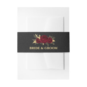 Elegant burgundy flowers gold black wedding invitation belly band
