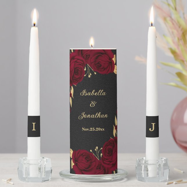 Elegant burgundy flowers gold black wedding unity candle set (In Situ)