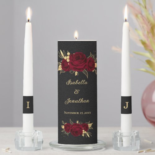 Elegant burgundy flowers gold black wedding unity candle set