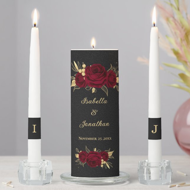 Elegant burgundy flowers gold black wedding unity candle set (In Situ)