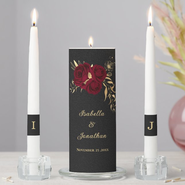 Elegant burgundy flowers gold black wedding unity candle set (In Situ)