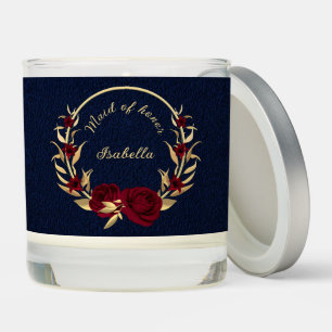Elegant burgundy flowers gold navy blue  scented candle