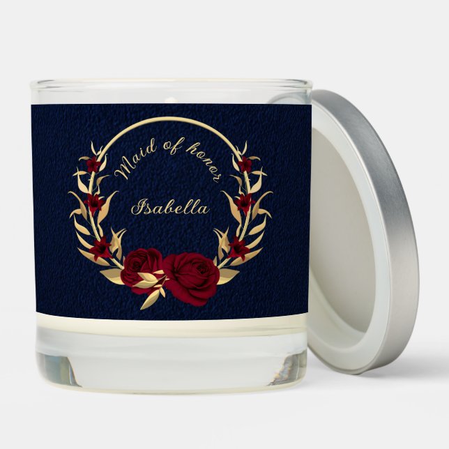Elegant burgundy flowers gold navy blue  scented candle (Lid)