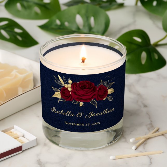 Elegant burgundy flowers gold navy blue  scented candle (Lit)