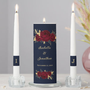Elegant burgundy flowers gold navy blue wedding unity candle set