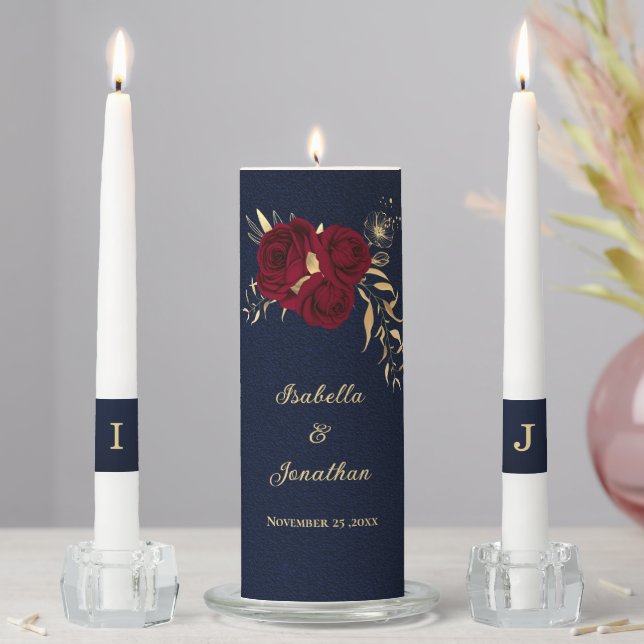 Elegant burgundy flowers gold navy blue wedding unity candle set (In Situ)