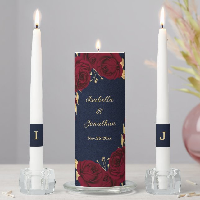 Elegant burgundy flowers gold navy blue wedding unity candle set (In Situ)