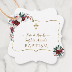 Elegant Burgundy Flowers Gold Pine Baptism Favor Tags