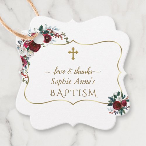 Elegant Burgundy Flowers Gold Pine Baptism   Favor Tags