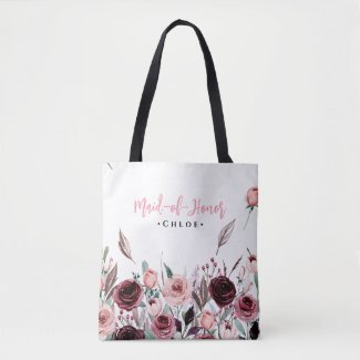 Elegant Burgundy Flowers Maid of Honor Custom Name