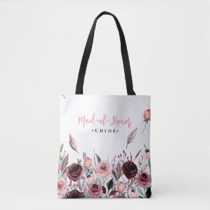 Elegant Burgundy Flowers Maid of Honor Custom Name Tote Bag