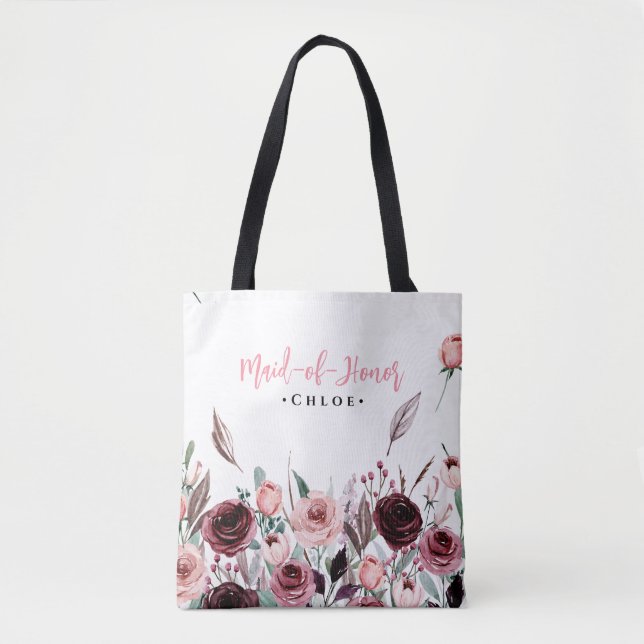 Elegant Burgundy Flowers Maid of Honor Custom Name Tote Bag (Front)