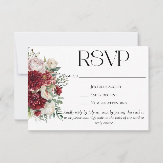 Elegant Burgundy Flowers QR Code Wedding Website RSVP Card (Front)