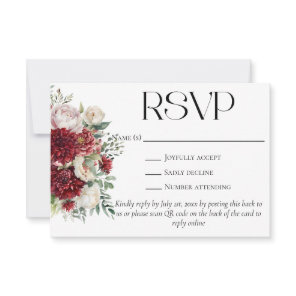 Elegant Burgundy Flowers QR Code Wedding Website RSVP Card