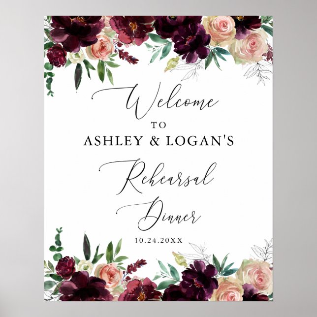 Elegant Burgundy Flowers Rehearsal Dinner Welcome Poster (Front)