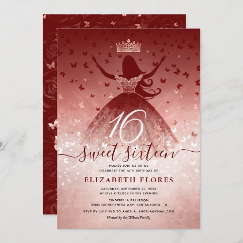 Elegant Burgundy Flowers Rose Gold Sweet 16 Invitation