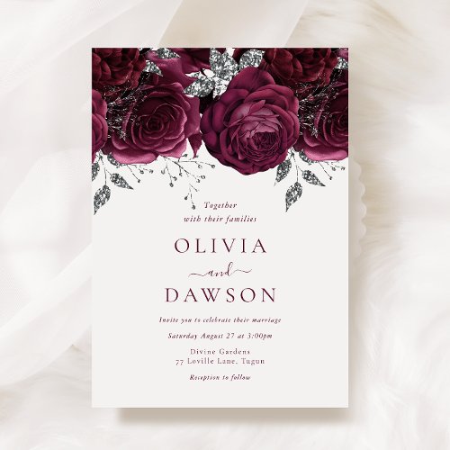 Elegant Burgundy Flowers  Silver Wedding Invitation