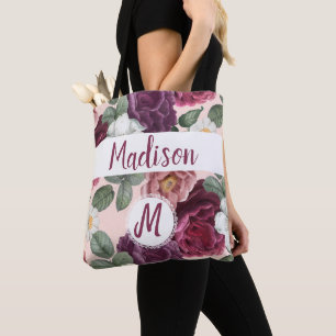 Elegant Burgundy Flowers Trendy Initial Monogram Tote Bag
